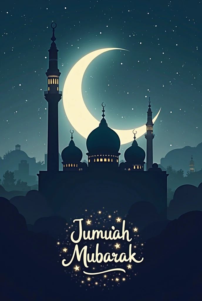 A beautiful mosque and moon behind the mosque. And a text write " Juma Mubarak " with stylish form.