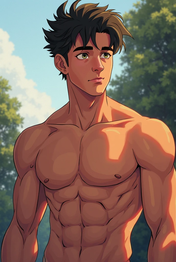 anime+yaoi+hentai style, view from behind, hentai style, a blendmix photograph and painting, perfect divine proportion composition, 8k resolution A young man, latino, cinnmon skin, thin face, straight nose, thin lips, square chin, large black eyes, short black, wavy hair, in roberto ferri style, aesthetic slim athletic body, very tall, latino, realistic skin, gorgeous, realistic detailed tonned muscles, barefoot, perfect anatomy, muscled fitness body, 195cm tall, realistic skin, skinny realistic detailed muscles, he is NAKED, standing on a rock in Central Park , New York arms up barefoot, perfect detailed feet, relaxed body lenguaje, relaxed face expresion. ((side view, storbe lighting, Leading Lines composition )) background art central park Angel of bethesta fountain, golden hour, people walkin
