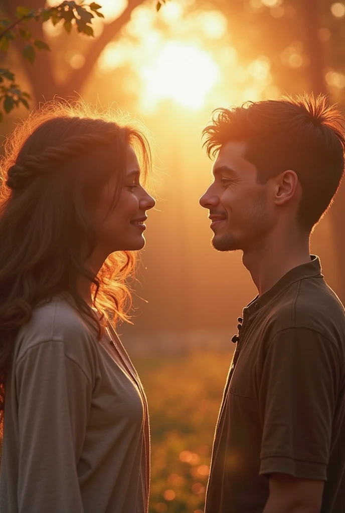 a woman and a man are looking at each other in the woods, man and woman in love, couples portrait, looking at each other mindlessly, couple portrait, beautiful, happy couple, lovely couple, absolutely, diverse, smiling couple, photo of a beautiful, absolutely outstanding image, smiling at each other, beautifully, looking to his side, romantic couple --auto --s2