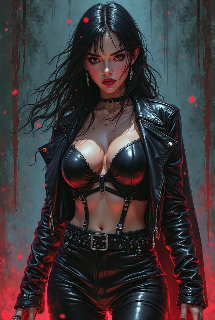 ((Intricate details)),dark fantasy style, GLOOMY AMBIANCE, (Beautiful succubus girl, Long hair), (Beautiful symmetrical blue eyes), (Sexy black lace outfit), (Red leather jacket), Soft colors, Clear focus, Dynamic poses,  (Ed Blinky&#39;s magnificent paintings, Artie Guerin, author：Jeremy Mann, Greg Manches),