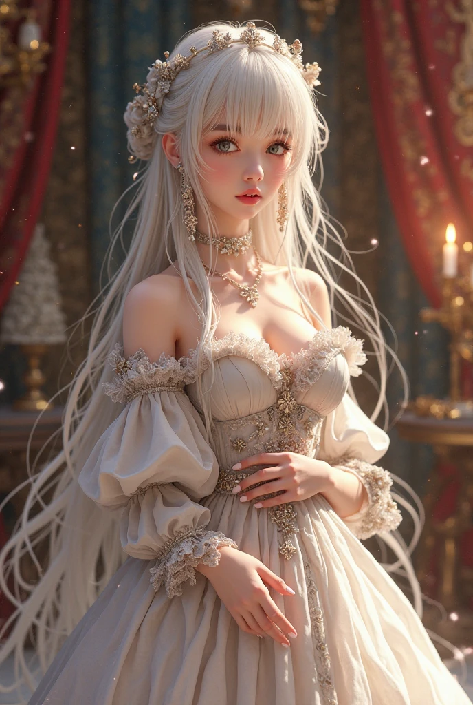 ((Highest quality)),(Ultra-high resolution),(Super detailed),(Detailed Description),((The best CG)),(masterpiece),Highly detailed art,(Art with precise detail:1.5), (Lady:1.5),smile:1.4,(A gorgeous dress with a gorgeous design:1.9),(Off the shoulder:1.3),Evening Gloves:1.5, Stained glass:1.4,Candles:1.4,Sparkling chandeliers, Particles of light pouring down:1.1