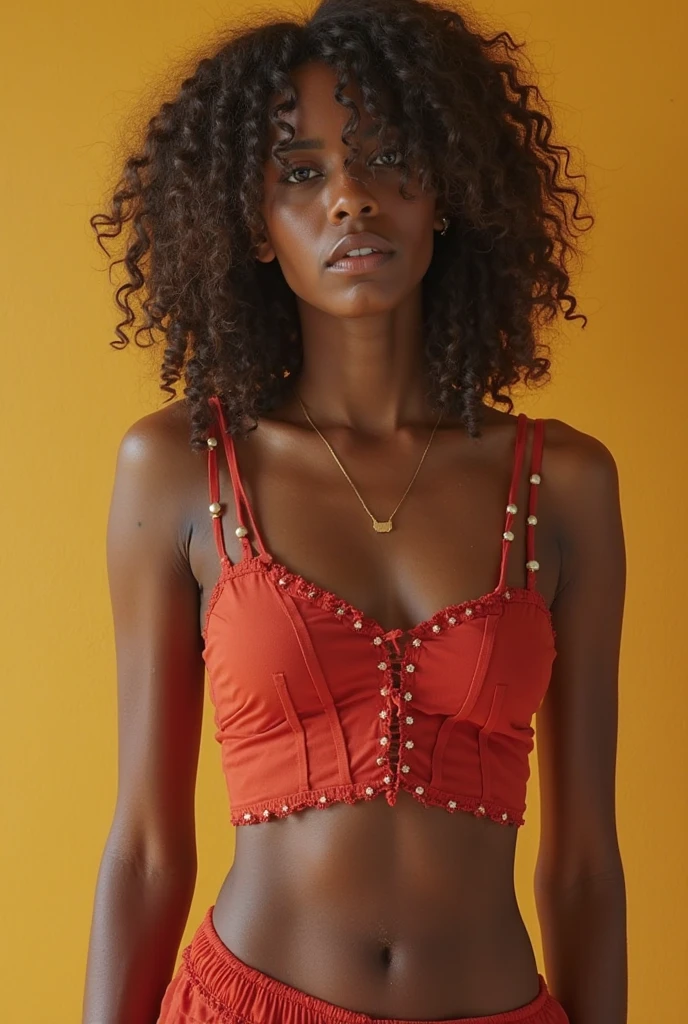 Nubian woman, black skin, ebody skin, dark skin, black afro, red croptop, underboob, hourglass figure, red short shorts, sneakers