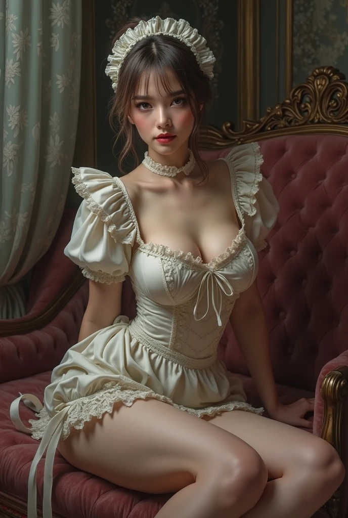 In hot cut out string lingerie with lace suspenders ,lounging seductively in bed, sehr detailliert,zeigt ihren prallen Po
