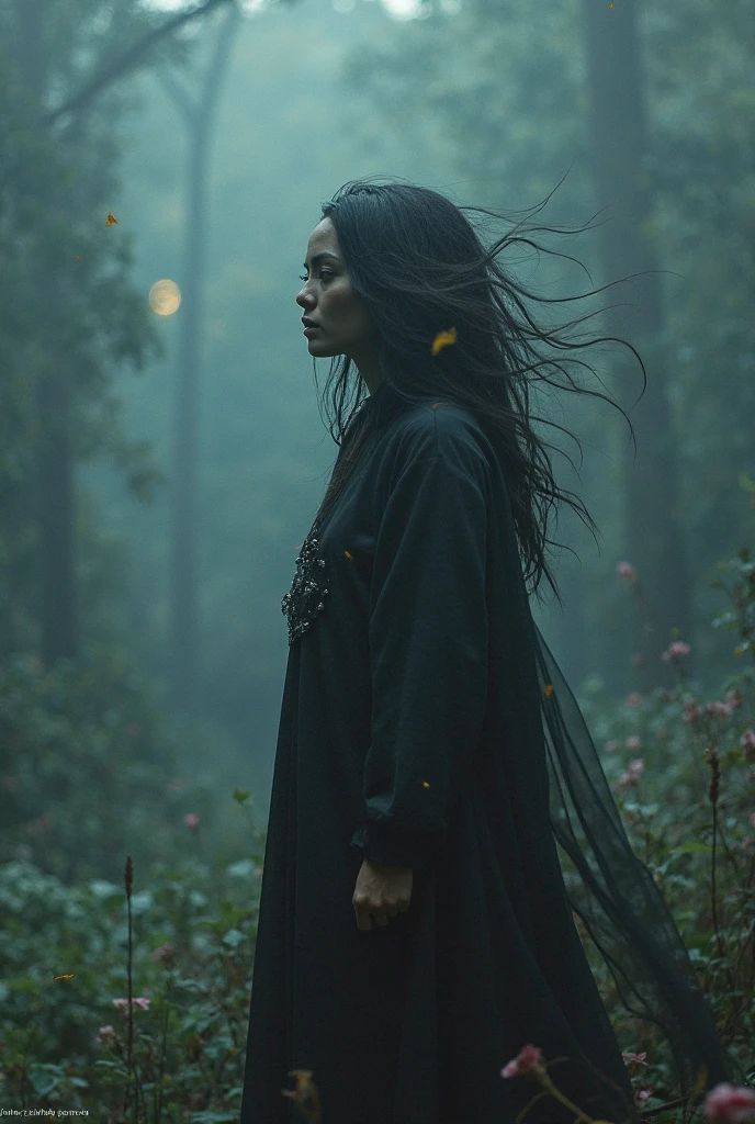 Indonesian woman, long hair, white long dress, blank stare ahead, ghost makeup, foggy forest, dark sky, surreal, 8k resolution