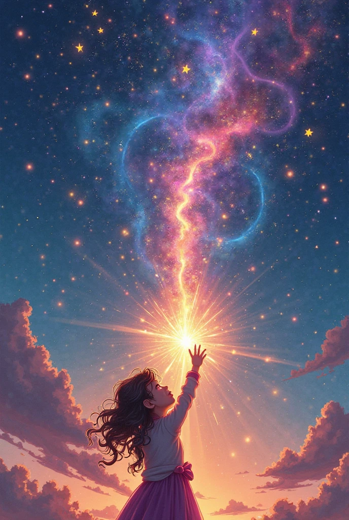 Rainbow aurora borealis background with girl in foreground praying