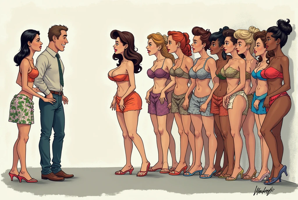 Three tall girls on the lfe left, three tall girls in the right, short man in the middle, the girls are much taller than the man, girls have big and cleavage, girls are wearing black, man is wearing blue shirt, girls are standing barefoot, man is wearing shoes,