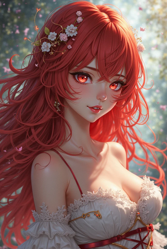 Anime art style, dramatic and enchanting transformation, character Rias Gremory, striking red hair flowing like a crimson wave, elegant magical aura enveloping her, intricate details capturing her essence, showcasing shifting features from original form to enchanting beauty, vivid expression radiating confidence and allure, ethereal lighting enhancing the elegant transformation, radiant colors of deep crimson, soft white highlights, and shimmering blues highlighting her beauty, dynamic motion emphasizing the transformation, gentle swirl of magical energy surrounding her, bringing forward the themes of self-discovery and empowerment, lush anime forest backdrop with soft bokeh effect, harmonious composition guiding the viewer's gaze towards the transformation, ethereal atmosphere radiating warmth and magic, emotional depth in Rias' eyes reflecting her inner strength, vivid colors blending seamlessly, cel-shaded technique enhancing depth, intricate line work accentuating her delicate features, the essence of anime artistry brought to life with meticulous attention to detail, vibrant hues harmonizing to produce a masterfully captivating piece, aimed at captivating fans of the anime genre and showcasing the beauty of transformation.