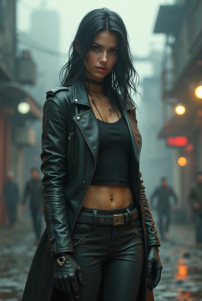 futuristic punk rock girl in sci-fi city scene, post apocalyptic