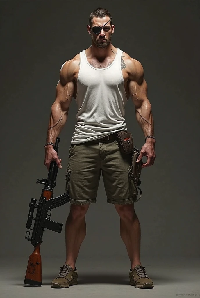 ((masterpiece)), ((best quality:1.2)), high resolution, 8K, (extremist_Practical:1.3), (photoPractical:1.4), Male focus, 1 boy, backwards have, arms, Vest, shorts,Leather Boots,solitary, white Vest, 步gun, shorts, wristwatch, gun, Keep arms, muscular, Keep, watch, assault 步gun, Baseball cap, Keep gun, have, short hair, black shorts, Big bulge,Excellent J8,Chest muscles, muscular male, looking at the audience, Brown eyes, 仅have的, Jewelry, Black Hair, bracelet, Practical,Perfect hand details