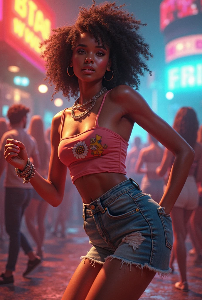 (high contrast: 4.0), photorealistic, film, maximum quality, 8k, intricate details, depth of field, internal, 35mm lens, f/4, two women, one afro, maximum black skin, another blonde, dancing with neon lights, perfect face, bright eyes, skin with intricate details, maximum quality, sweat, dancers, 8K character, afro, beautiful woman model, maximum quality, 8k, she is dancing,  background with dance floor, photorealistic, dramatic light, neon art of a female body, dynamic dance pose, girl model - disco dance style, disco dance style clothing, maximum quality, tribal tattoos. --auto