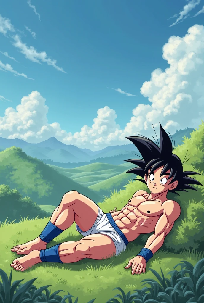 Son Goku animated, completely naked and without clothes, full body, with a cloud covering his bare penis, the cloud strictly in the low area of his body, covering his naked crotch, still showing the legs, completely naked
