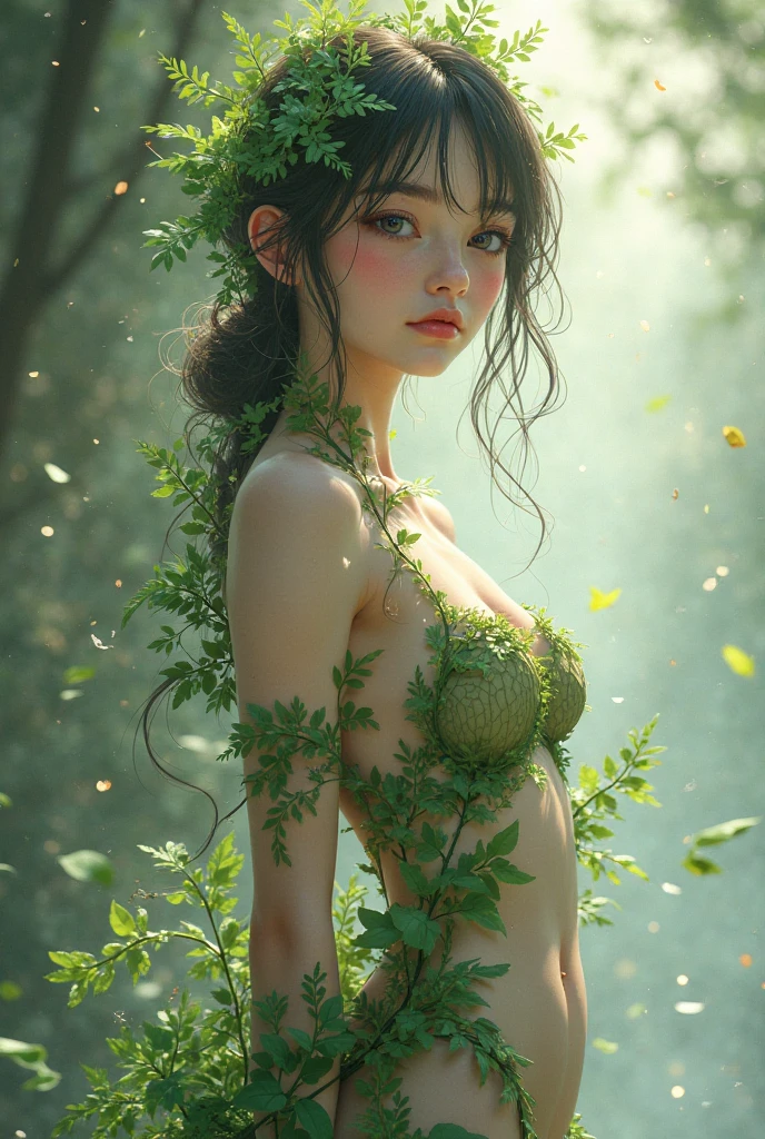 photo of majestic goddess marijuana, cannabis leaves, hemp print, watercolor, humanoid body composed entirely of flowers and foliage, skin green and composed of intricately detailed leaves and vines, lush enchanted forest background, butterflies, light effect of flowering, divine rays, lights and glowing specks of dust, masterpiece, detailed, highest quality, hasselblad, Nikon D850, photorealistic, natural light