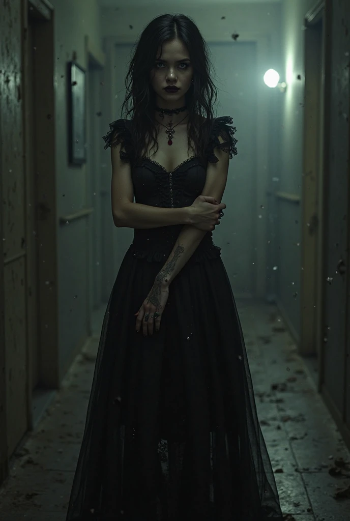 (medium full shot) of (haunting emo girl) young woman, busty build, long dark bun hair, south african, dark skin, light brown eyes, wearing a charcoal asymmetric dress with dark patterns , creepers, black lipstick, smoky eyeshadow, heavy eyeliner, choker necklace carrying a studded handbag, set in a mysterious alley, with shadowy figures, eerie silence, cracked pavement, and urban decay, at night, woman smiling, detailed face, ,Masterpiece,best quality, raw photo, realistic, very aesthetic