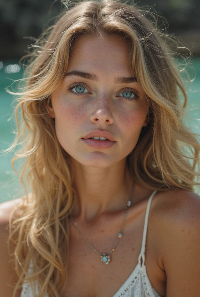 fait moi une femme au bord de la mer en  tenu, une femme jeune blonde d'environ 22 ans avec les yeux vert 