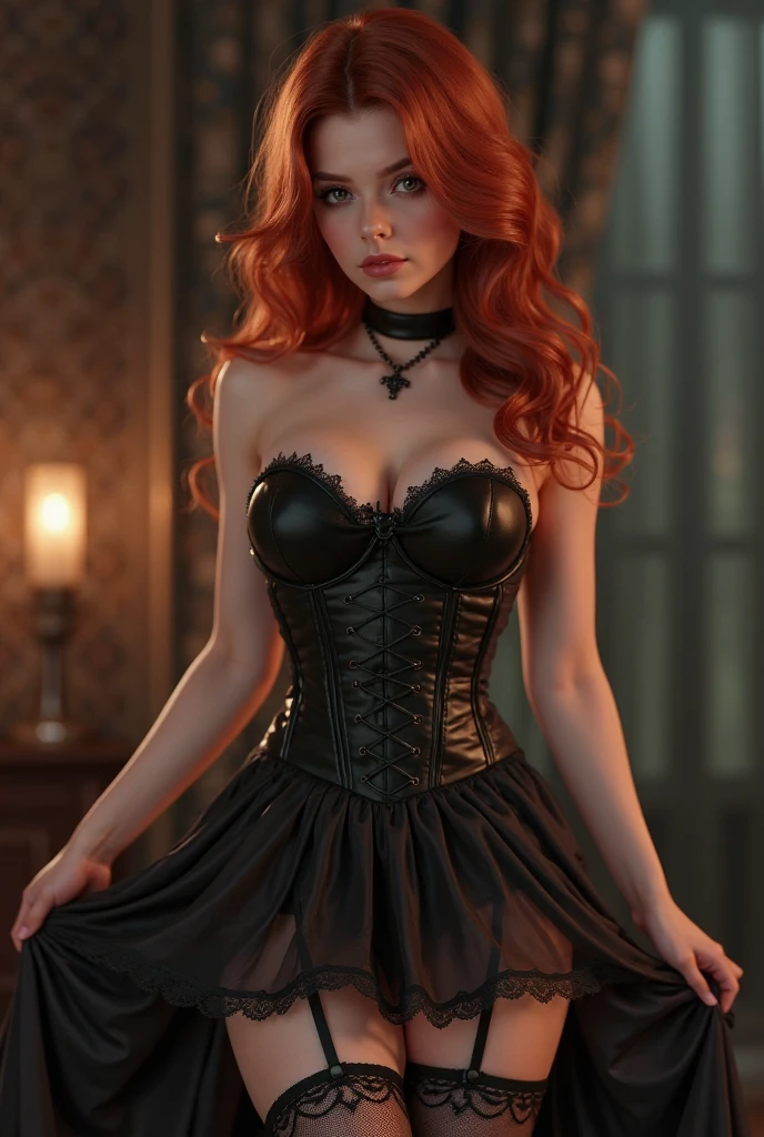 a woman with red hair wearing a black corset, tumblr, alexa grace, witchcore, she has long ((orange brown hair)), model woman,