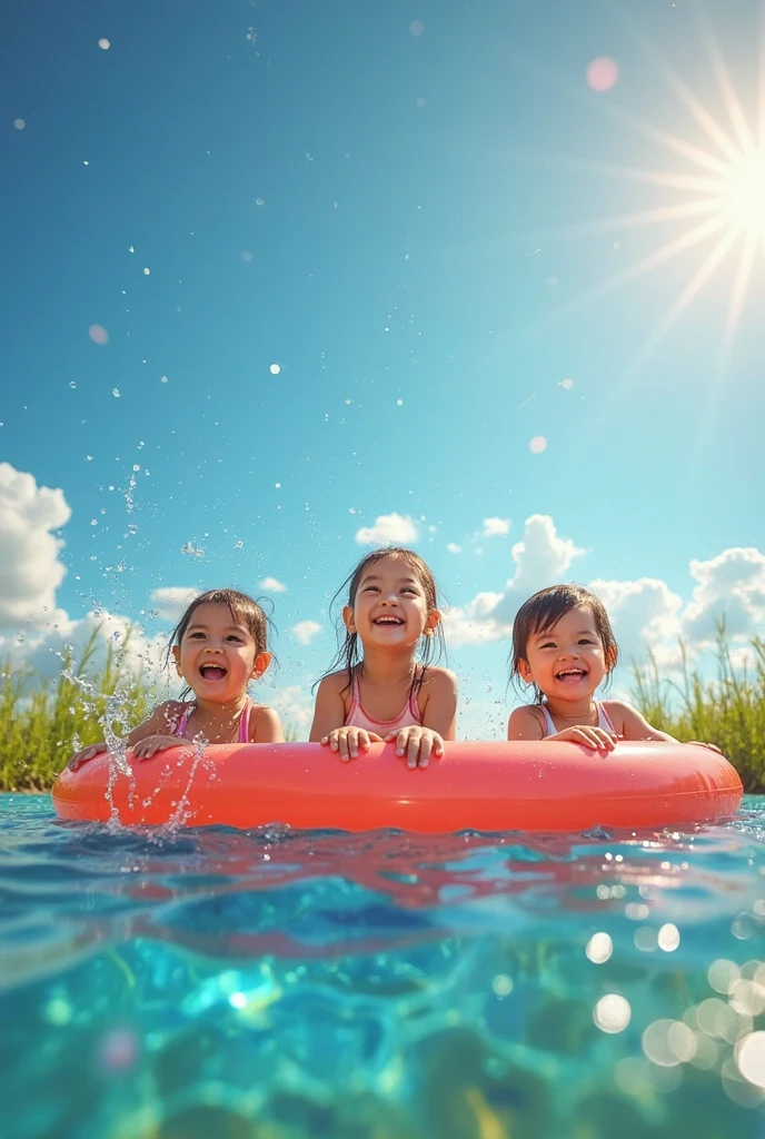 Boys and girls playing in the water, yellow swimming ring, bubble mart, blind box, 3D, C4D rendering, close-up, close-up, medium view, far view, summer, have fun --auto --s2