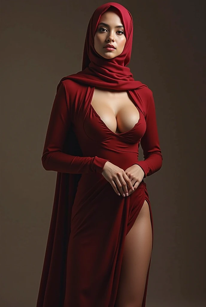 Very tall、Big breasts、The waist is also large、With a muscular body、European woman with blue eyes and brown hair ,wear hijab(Veil),A stylish black flared skirt and a stylish silk burgundy top (Fully covering clothing )
