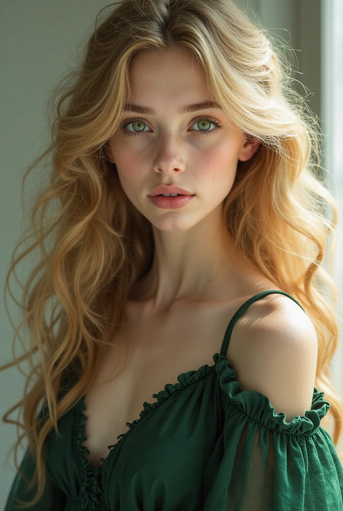 In your 20s, Blue-eyed, blond hair, girl in green dress, While sitting at the table, alternately staple a wad of paper in front of you with a stapler and put it on the side