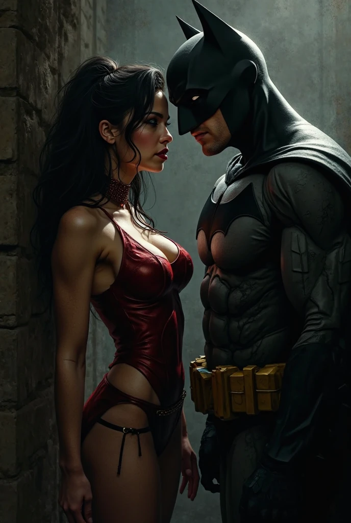 1 boy 1 girl, a muscular man in batman armor and mask, a curvy hourglass woman with wide hips and thick thighs dressed as harley quinn, couple engaged in doggystyle sex, 1 boy and 1 girl, the arkham streets at night, cinematic lighting, hyper detailed, 8k, photorealistic, dramatic lighting, moody atmosphere, gritty and dark, comic book style, rich colors, dynamic pose