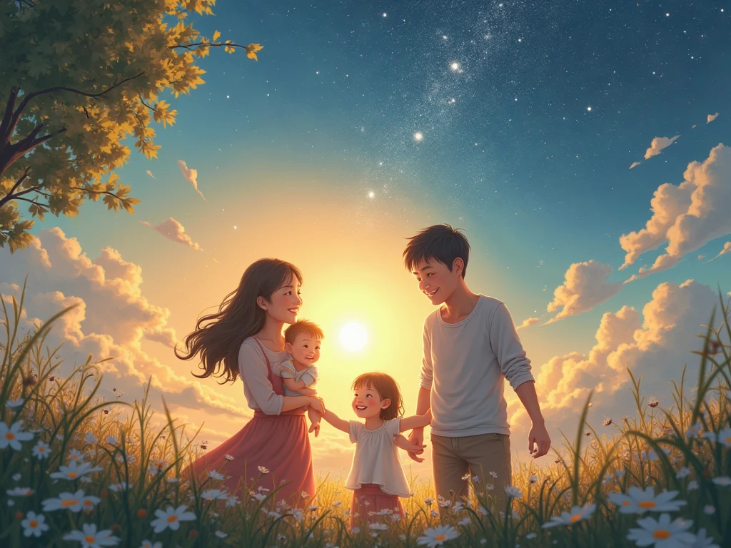 A 3-year-old and his parents are hugging each other's shoulders while looking at the stars in the night sky.、Smiling、big laugh background:sandy beach at night,starry night
(full shot)
"(setting):(best quality),(masterpiece),(detailed),(ultra detailed),(insanely detailed),(ultra-quality),(highly detailed),(FHD)"