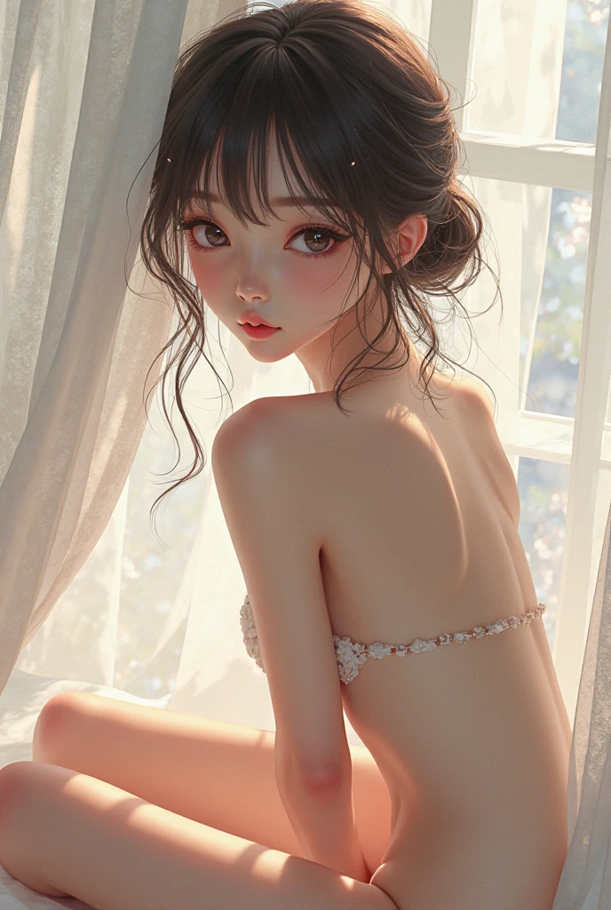 1 female、young、((Black hair ponytail))、(Flat Chest、Transparent chest:1.2), 、Flat Chest、(white micro bikini and panties)、Sensual look、Sexy pose、Looking into the camera、On the bed