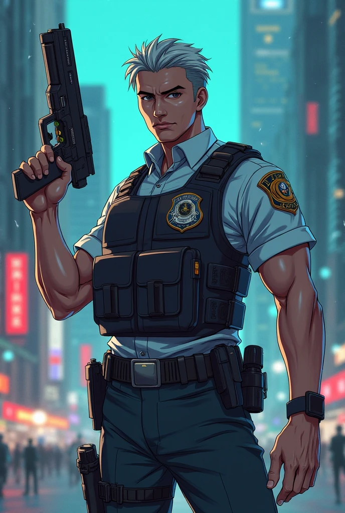 best quality, masterpiece, super high resolution, detailed background, realism, Illustrations, single, 1 boy, street, muscle, volumetric lighting, depth of field, facial hair, full body, police uniform, re8dfield