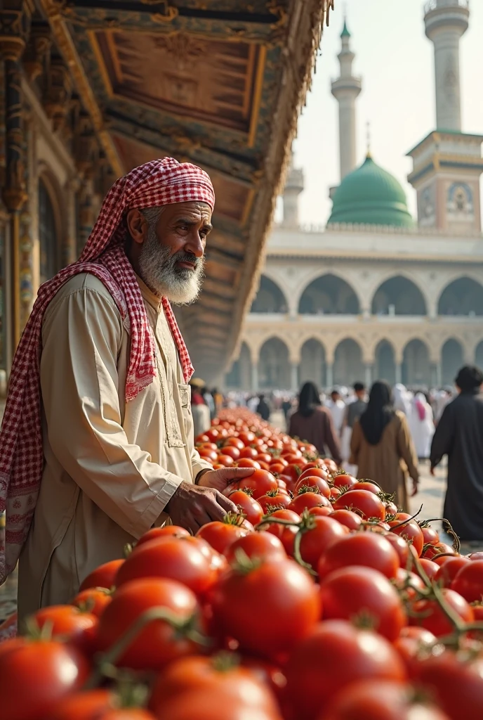 A poor farmer standing in front of a mosque.
Farmer's hand holding fruits and mosque background.