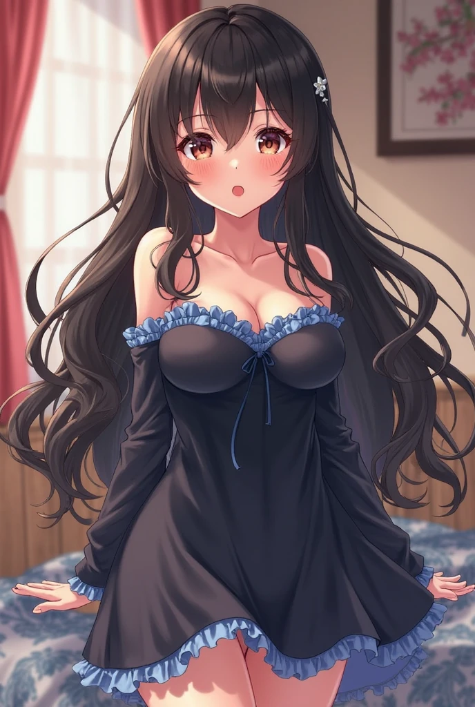 black sexy nightdress，1girll，dark -grey-blue color eyes，long black hair，indoor room，Squat on the bed with your legs open，The reveal panties，looking toward the viewer， Blush, Smile, Masterpiece, Best quality, There is a gemstone necklace around the neck，A high resolution,Detail enhancement，best qualtiy，Perfect image quality，Elegant and lightweight blue silk dress，Beautiful and gentle