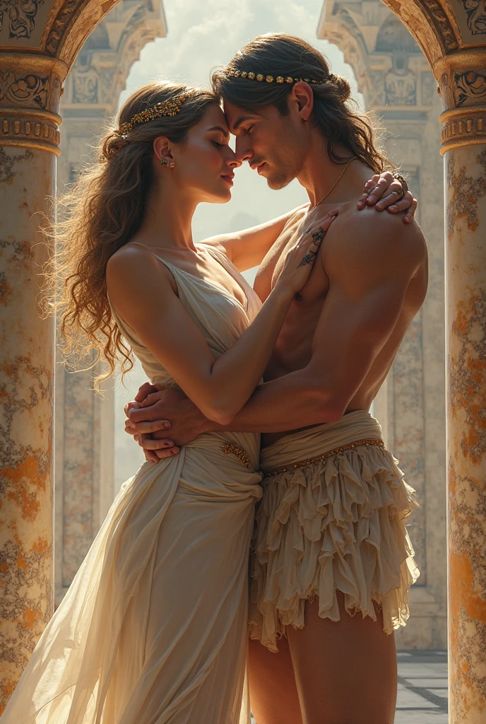 Fantasy Boys, two young men slaves 18 years old brown and handsome beautiful naked and a blonde princess from behind full body in a castle