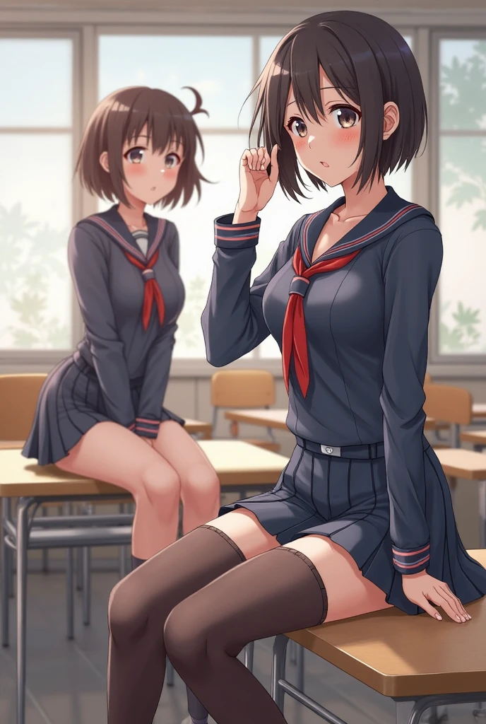 ((2 girls))、laughter、blush、shirt、のskirt、、((fun))(small breasts)、chiralism、black hair、single braid、(黒いskirt:1.3)、bow, button, 襟の付いたshirt, long sleeve, マイクロskirt, プリーツskirt、(Jacket)、 skirt, socks, thighs, 白い shirt, Rest indoors, ((classroom:1.5))、 BREAK looking at viewer、skirtの破れ,(skirtを掴む:1.5)、 (perfect hands, perfect ???????),cowboy shot、(skirt lift:1.3),(Very detailed white panties:1.3)、(Very detailed panties:1.3)、、(skirt that rolls up:1.3)、(fully exposed panties:1.5)、