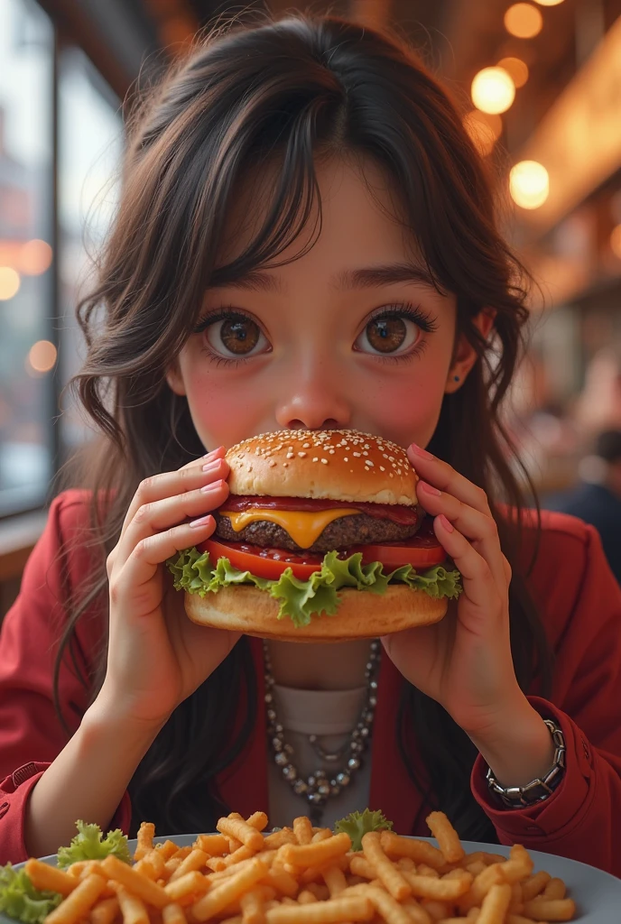 arafed girl holding a hamburger in front of a shelf of hamburgers, super realistic food picture, realistic anime 3 d style, eating burgers, realistic anime artstyle, realistic art style, anime food, girl in real life, realistic, serving burgers, realistic young girl, eating a burger, photorealistic girl ,
