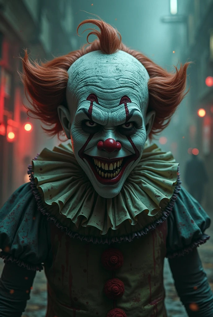 ((creepy female clown)), cinematic lighting, very high detailed, foggy background, shot on Fujifilm Superia 400, Short Light, 32k, cinematic composition, professional color grading, film grain, atmosphere, wondrous, very stormy