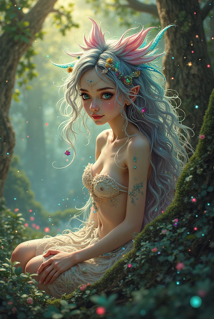 portrait a blondy head naked (sad:1.3) girl (sitting:1.2) in wood, looking up, freckles, (leaves in the hair:1.3),( tatoo on face:1.2), (tatoo:1.5),( backlight:1.5), (flowers and moss grow on the body:1.5),( earth on the body:1.5),( night:1.2), (sprinkles of rain:1.3), (dark shot:1.17), epic realistic, faded, ((neutral colors)), art, (hdr:1.5), (muted colors:1.2), hyperdetailed, (artstation:1.5), cinematic, warm lights, dramatic light, (intricate details:1.1), complex background, (rutkowski:0.8), (teal and orange:0.4), (intricate details:1.2), vignette, complex background, rutkowski, ((intricate details)), hdr, bright colors, thick lines, waves, multiple layers, foreground, perspective, fractal Thunder Dan Mumford , Dan Mumford and Alex Gray style, psychedelic surreal art, surreal psychedelic design, dream art style, illusion psychedelic art, infinite psychedelic waves, inspired by Cyril Rolando Rolando), realistic ripple structure, psychedelic art style, psychedelic art, psychedelic illustration, ((intricate details, hyperdetailed))