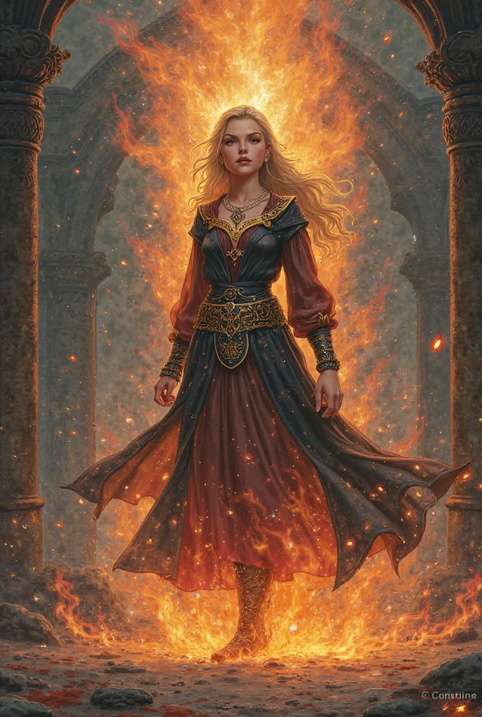 zavy-ctcmcs, a young woman wearing an exquisite dress as sorceress casting fire magic, blonde hair, dark skin