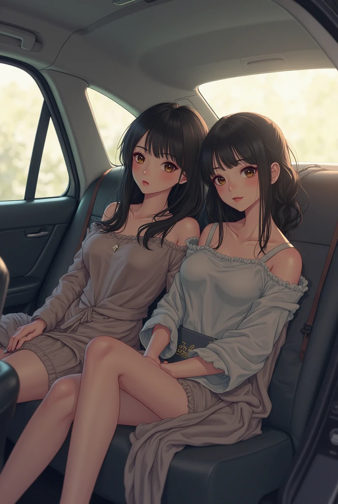 (((two girls in the car))), (((sitting in the back seat of a large sedan car))). night, Luxury dresses, Neons follow the outside of the city, Bright colors, sparkling, jet set, Low - Angle, fisheye perspective