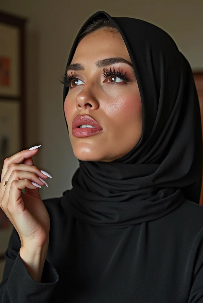 25yo arabic female looking at viewer, sitting on sofa, detailed face, attractive, underboob, full elegant dress, wavy chestnut hair, ((closeup)), perfect eyes, (interior home background), (photorealistic), intricate, highly detailed, absurd res, symmetrical, backlighting, colorful, concept art, (photography:1.5), sharp focus, illustration, award-winning, 8K.abaya style