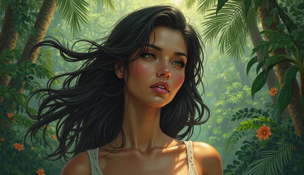An illustrated movie poster, hand-drawn, full color, a beautiful cute female , 24 years-old, ,she wears a brown village clothes ,light brown skin, long blackhairs laying on her chest , deep blue eyes,narrow sexy nose,thick bushy eyebrows, , posing in a tropical rainforest, hard shadows, graphite shading, stencil markings, airbrushed acrylic paint, masterpiece, she looks new to a place
