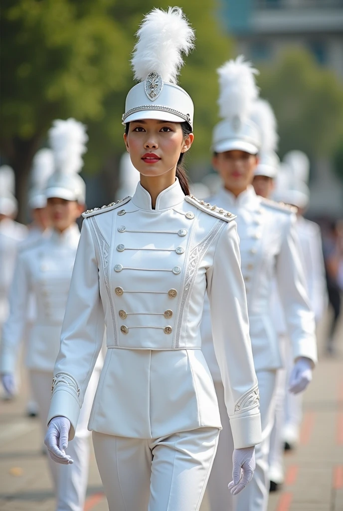 masterpiece,ultra-detailed,best quality, cute face,clean skin ,shiny hair,
1girl,  jyojifuku, marching, hat, skirt,uniform,white gloves,white footwear,boots,epaulettes,salute,  upper body, track, outdoor, 
 <lora:marching uniform v1.0:0.8> marching, jyojifuku