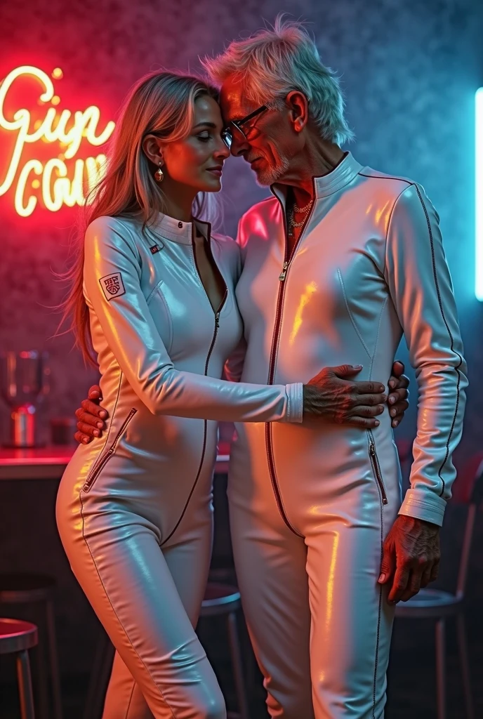 Full full body a beautiful couple,( Handsome hunky blonde haired Solarboy wearing a white  spandex with gold trimmings)and gloves and ( handsome hunky white haired Lunarboy wearing black latex spandex with silver trimmings), standing firmly face frontal camera focus asymmetrical face details,charachter, beautiful, devian art, trending artstation, digital art, detailed, realistic, humanoide, character,cinematic sho ,cinematic lights, high textures, high resolution, dreamlikeart, 8k, highly detailed, stabilized diffusion. Detailed face and fingers.