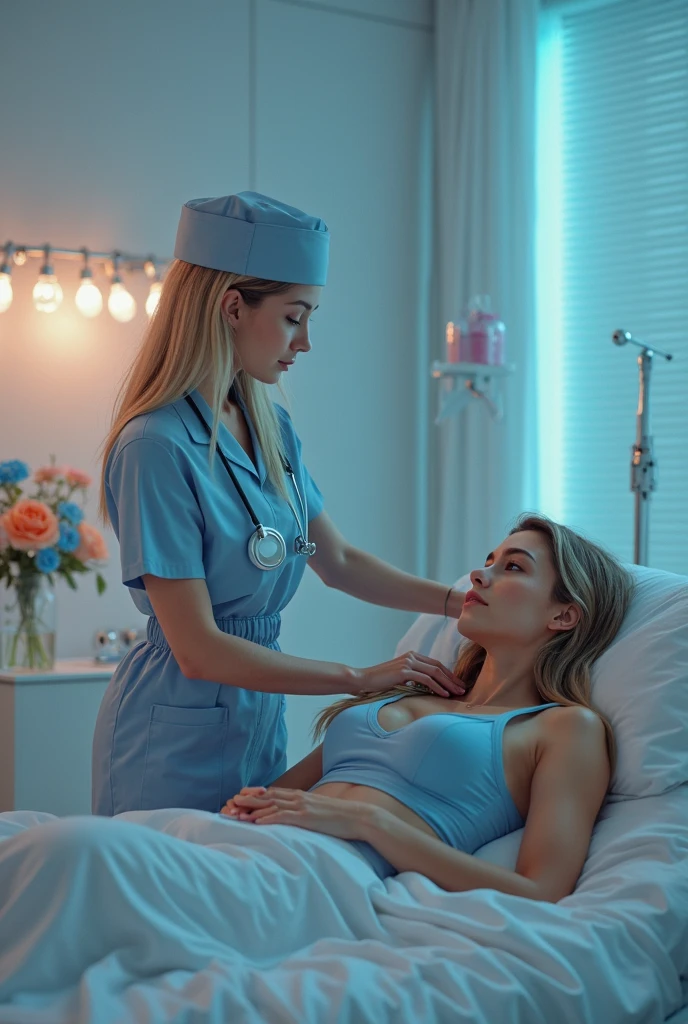 There is an old woman with gray hair in hospital bed and a nurse, a beautiful artwork illustration, exciting photos, beautiful photos, HD photos, hospital photos, nursing homes, medical photos, medical staff, realistic style, high quality photos, real scenes, art, nursing, photographic art