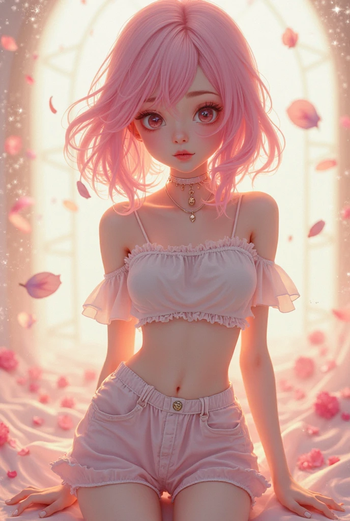 (tmasterpiece, top-quality, Ultra-detailed:1.3),1girll,(18 years old),(perfect anatomia),Cool outfit,Chinese style,A pink-haired,White background,ogle,photography of,Look to the lens,Bandeau,lacepantyhose,perfectly proportions