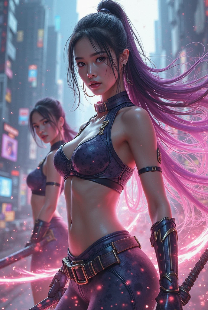 happy woman, in the middle, looking at camera, Close to perfection, dynamic, shades of purple, Highly detailed, digital painting, art station, concept art, smooth, Sharp focus, illustration, งานศิลปะโดย Carne Griffiths และ Wadim Kashin, detailed face, 4K