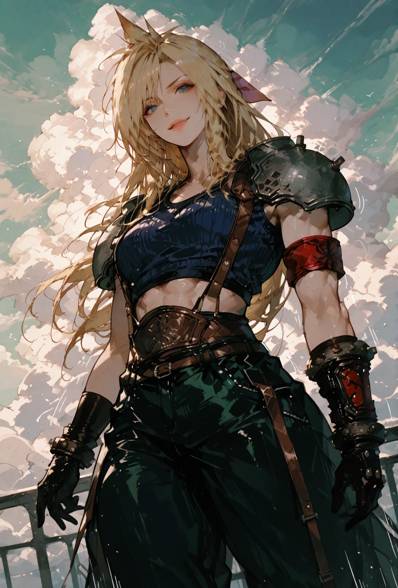 (score_9,score_8_up,score_7_up),((CLOUD, FINAL FANTASY VII, CLOUD full clothers, LIGHT MUSCLE,muscle BODY TYPE,)), ,skindentation,,extremely detailed,dynamic lighting,best quality,,,best quality,high quality,, , dynamic angle, , thick thighs, motion lines, skindentation, seductive, , solo, perfect eyes,,DETAIL,MASTERPIECE,,Expressiveh, ultra detailed,,,,very detailed,extremely detailed,dynamic lighting,best quality,(score_9,score_8_up,score_7_up), cloud ,blue eyes, blonde spiky hair, cloud clothes,,,sexy MAN,,BADASS SEXY POSE , ,LIGHT MUSCLE,ATLETICH BODY TYPE,,extremely detailed,dynamic lighting,best quality,pale skin,evil smile,crop top, sleeve, armbands, BLACK gloves