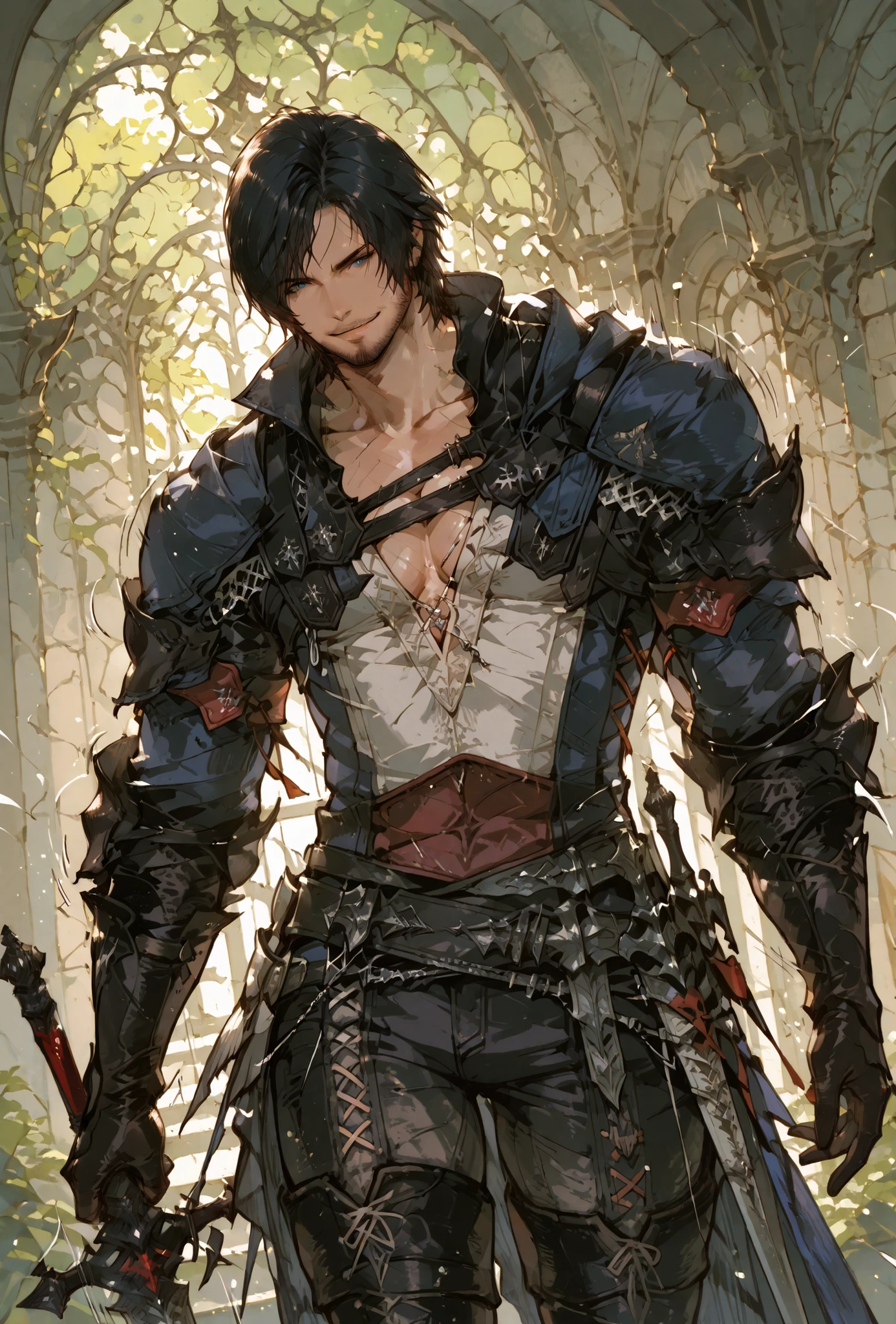 (score_9,score_8_up,score_7_up),((MAN, 1 MAN, CLIVE, FINAL FANTASY XVI, CLIVE full clothers, WITH SWORD, LIGHT MUSCLE,muscle BODY TYPE,)), ,,extremely detailed,dynamic lighting,best quality,,,best quality,high quality,, , dynamic angle, , thick thighs, motion lines,, , solo, perfect eyes,,DETAIL,MASTERPIECE,,Expressiveh, ultra detailed,,,,very detailed,extremely detailed,dynamic lighting,best quality,(score_9,score_8_up,score_7_up), clive FINAL FANTASY, blue eyes, black hair, medieval clothes,,,sexy MAN, BADASS  POSE , ,LIGHT MUSCLE,ATLETICH BODY TYPE,,extremely detailed,dynamic lighting,best quality,pale skin,evil smile,, sleeve, armbands, BLACK gloves 