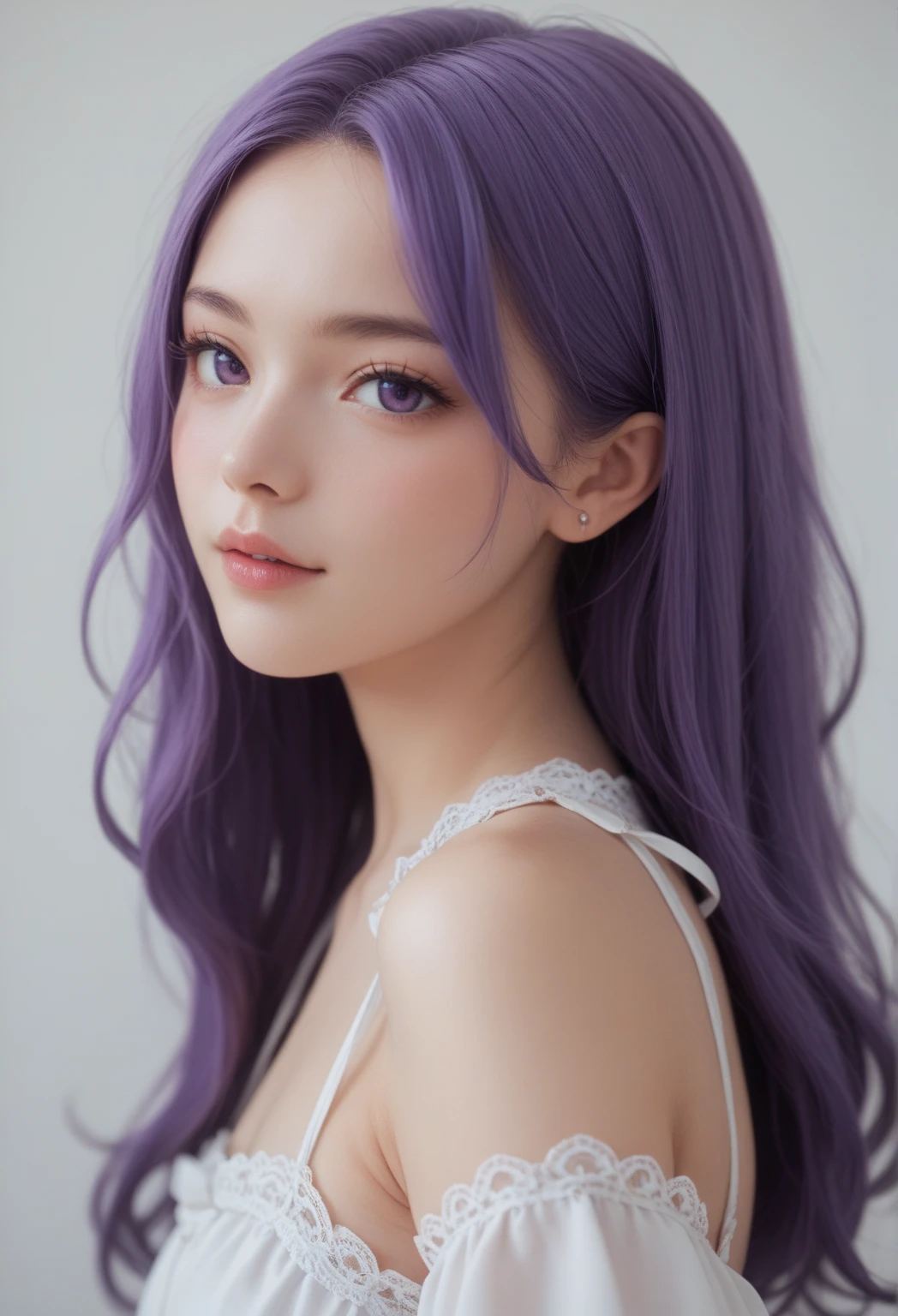 Colorful hair（Purple and blue gradient）、Twin-tailed、hair scrunchie、Pretty Woman、A beautiful Blue eyes、Smile with open mouth、Soft skin type、Big tattoos、fully body photo、Official art、​masterpiece、foco nítido、Extremely delicate modeling、top-quality、Photorealsitic、8k picture、hiquality、large full breasts、Princess、Infant face（Rounded face）、Exquisite lingerie、natural soft light