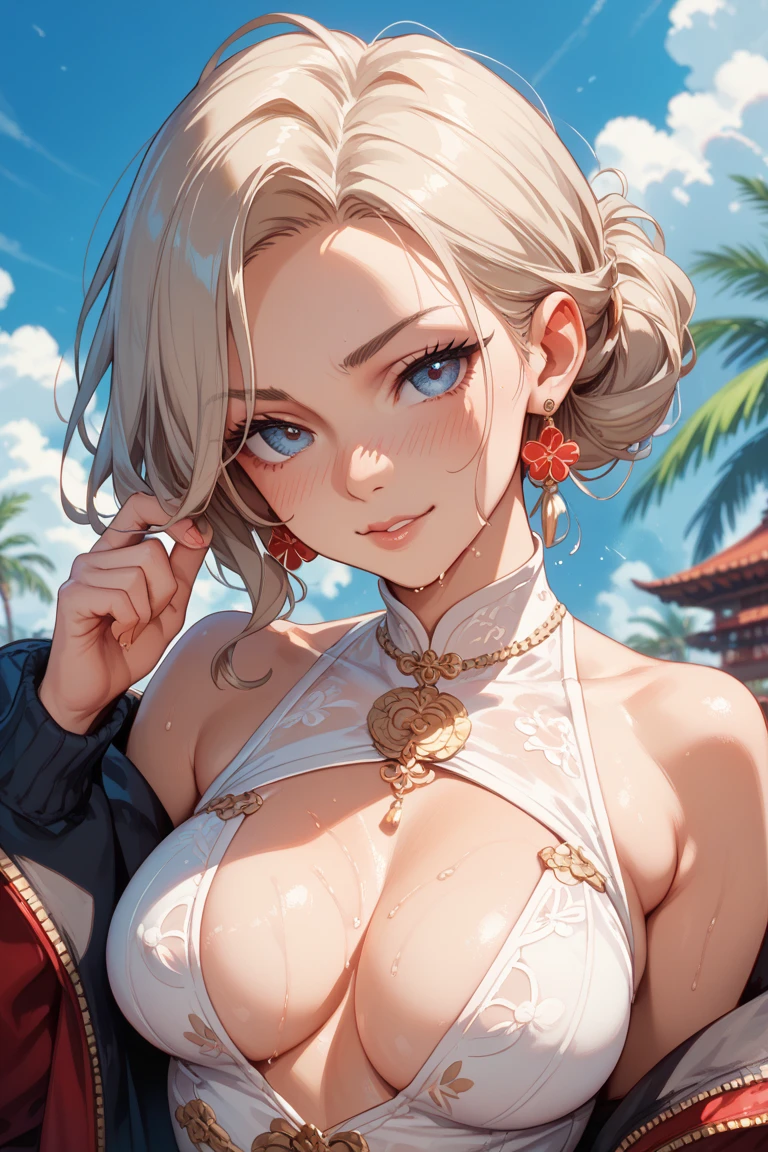ultra-detailed, ((one girl)), (pale skin:1.5), in pastel colors girl, hyper detailed, absurdres, 8K, fair skin, Beautiful Face, (Laugh shyly), ((teasing smile:1.8)), ((Wink:1.7)), (Laugh with your mouth wide open),((Tilt your head:1.6)), View your viewers, ((Bright red cheeks:1.6)),Glossy Red Lips, ((Big Breasts:1.5)), ((show off breast:1.4)), ((erect nipples)), night,firework, Observation deck with ocean view, (Brighten your face), ((Anime style background)),masterpiece, Highest quality, so beautiful,Latest, Complex details, (Pink long nails), (nail art), (ring),(bracelet), (Floral Choker),AI-generated, Complex,High resolution, Highest quality, super high quality,3D Images、3D Images,One person,long white hair,(High Ponytail), (wavy hair:1.3), Monotone anime woman posing for a photo, ((Fine grain、blue eyes、glowing eyes:1.4)), (Squint your eyes:1.1),a hyperRealistic , hyperRealistic , Realistic,Anime woman with long white, Smooth anime CG art, A girl in a gorgeous black kimono, Gold embroidery, ((black furisode)),(Large floral pattern) , ((undressing)), Long flower hair ornament,Floral Earrings,Mature Body, tall,Abdominal muscles,Narrow waist, ((leaning forward:1.7)), ((put index finger on mouth:1.5)), (front view),