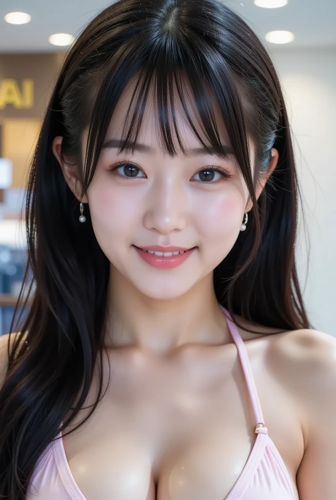 (8k), (highest quality: 1.2), (Realistic), (Realistic: 1.37), Ultra-high resolution, 1 girl, Head to knee photo、cute, smile, Mouth closed, Beautiful details, Beautiful Nose, whole body, Wet Hair, Giant Dulcefo, pork, , (Big Breasts)、Saggy breasts、Soft Breasts、Voluptuous thighs、Heterochromia iridis