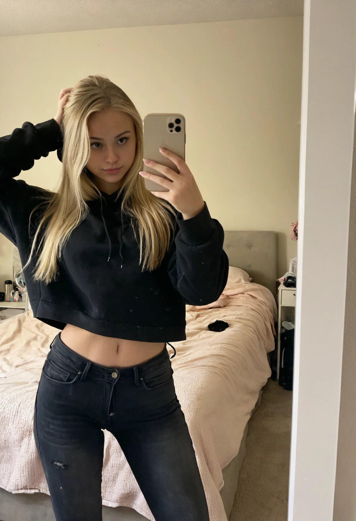 Kizi, 19yearsold, alone, long blondie hair, blue colored eyes, wearing a black sweater, taking a selfie photo in the bedroom mirror, waking up, sultry posing