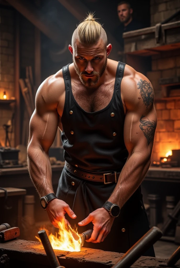 (photorealism:1.2), beautiful man, blue eyes, black hair, shirtless, stocky, armor pants, short straight hair, indoors, dark lighting, daggers in the background, cozy room, candles, mischievous pose, realistic, intricate details, warm colors, hot.
