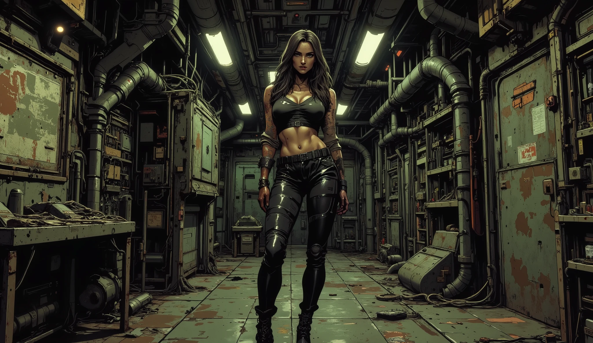 [[Anime scene]] Masterpiece, The setting of a futuristic spaceship, cyberpunk style, with a dark and retro atmosphere, inspired by 90's anime. An empty corridor of a ship, A woman with a very beautiful and sexy body, she is tall and has a sexy body, large breasts, she is wearing a black tank top that shows her belly and black leather pants with high-heeled boots, the interior of the ship is dimly lit, [[Low angle]] the background is dark and dimly lit, she is wearing a black leather outfit, high-heeled combat boots, she has long black hair, she is facing the viewer, PAWG style body, metal walls around the corridor, [[Smooth walls and without many details]] Rustic scenery in the style of the ship from the movie 'Alien', above on the ceiling, fans passing lights, little light. The walls show signs of rust and age. [[ Smooth metallic walls without many details ]] The anime style features an anime background and a 32k cel tone technique. The rendering is in the style of the animes Vampire Hunter: Bloodlost and Blame and Black Lagoon. Exposed wires. The ship has a steampunk style. Straight and linear walls, [[ Low angle ]] inspired by post-apocalyptic spaceships.